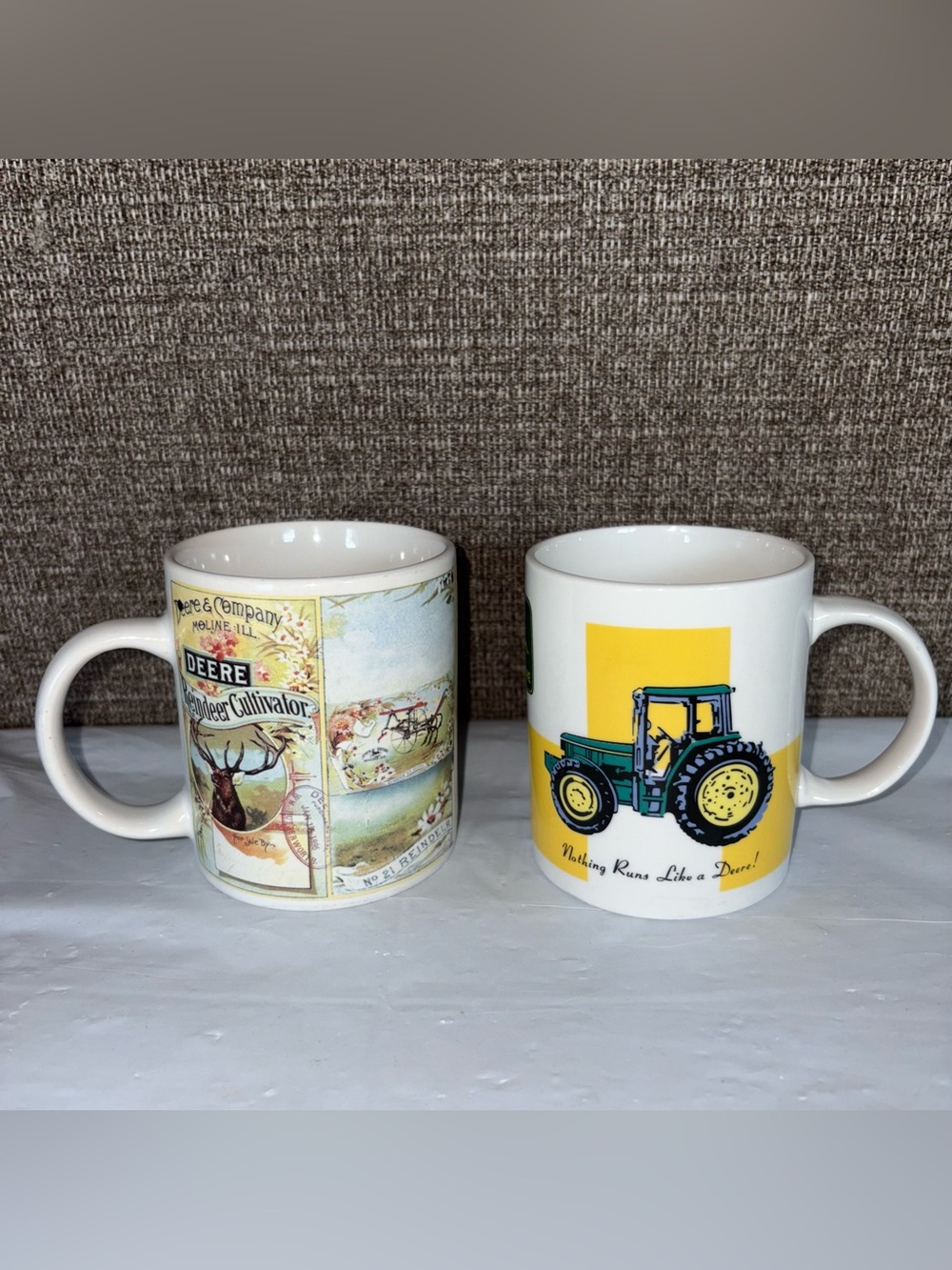 Vtg John Deere‎ Ceramic Coffee Mugs by Gibson Set Of Two White Green Tractor